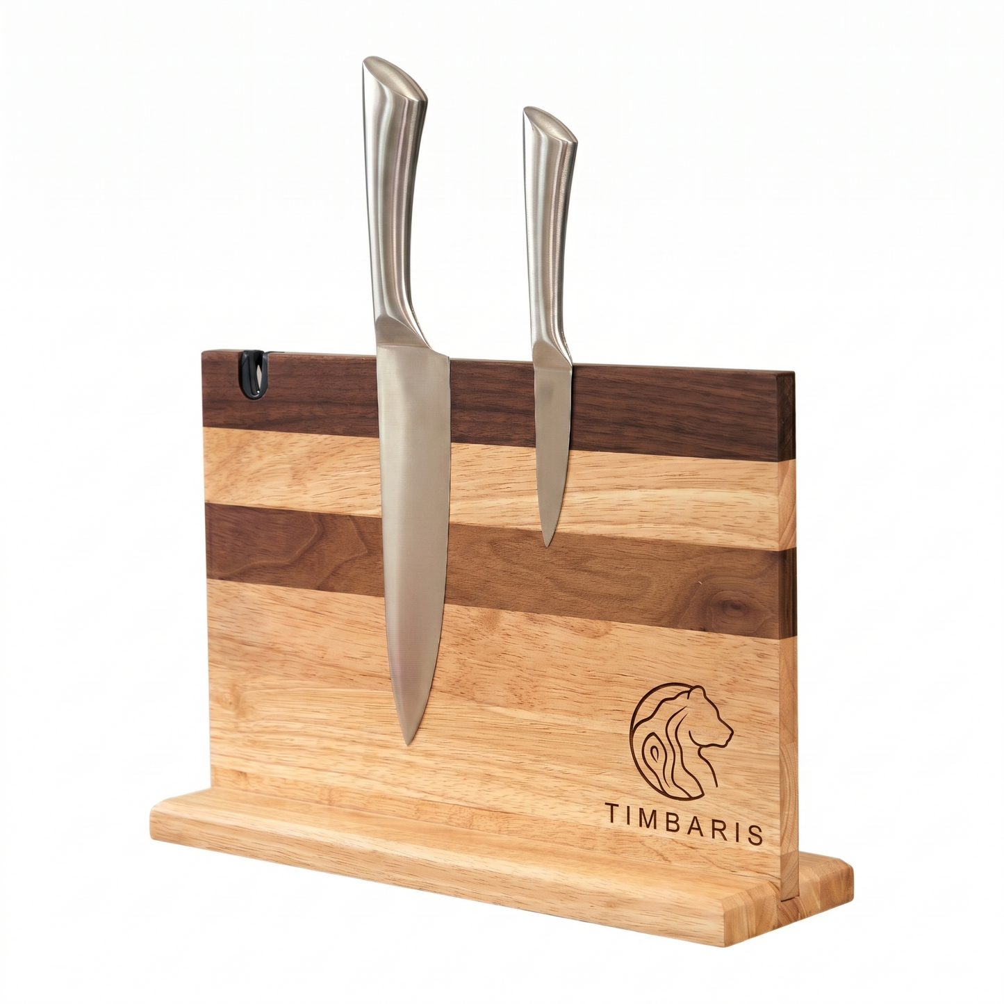 Magnetic Knife Block, Double-Sided Knife Holder 14x10 Inch for Kitchen Counter, Walnut and Rubber Wood Knife Stand with Strong Magnets and Bonus Knife Sharpener