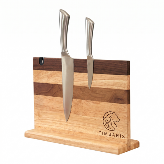 Magnetic Knife Block, Double-Sided Knife Holder 14x10 Inch for Kitchen Counter, Walnut and Rubber Wood Knife Stand with Strong Magnets and Bonus Knife Sharpener