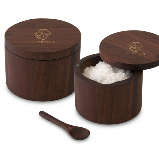 Walnut Wood Salt Box with Spoon, 6oz Magnetic Lid Salt Cellar – Swivel Lid Spice Bowl for Sea Salt, Bath Salt, Herbs & Pepper